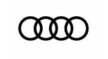 Audi logo: Four interlocking silver rings on a white background.