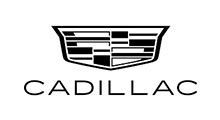 Cadillac logo: a black and white shield-shaped emblem with a modern design, and the word