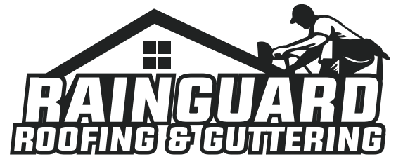 Logo of Rainguard Roofing & Guttering. House silhouette, roofer installing, bold text.