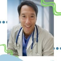 Asian male doctor with stethoscope smiling in a medical setting.