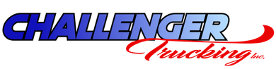 Challenger Trucking logo with bold blue text and red italic script on a white background