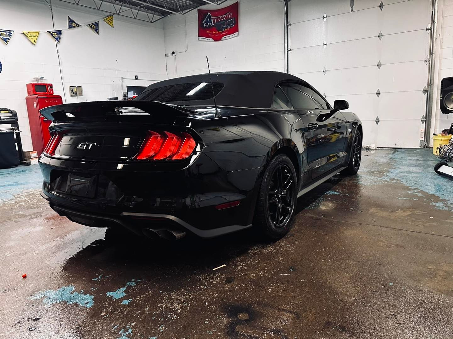 A black mustang is parked in a garage next to a garage door.