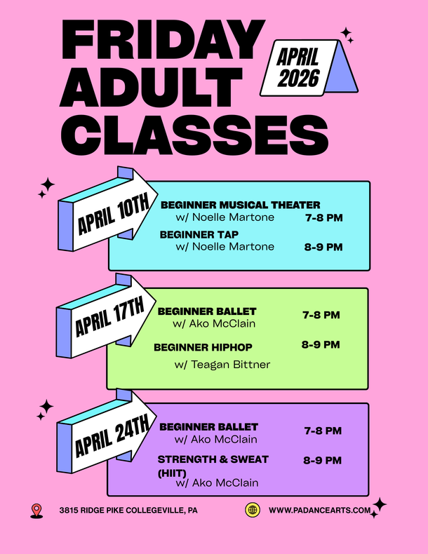 Flyer for Friday adult dance classes in Feb. Classes include ballet, hip hop, tap, musical theater.