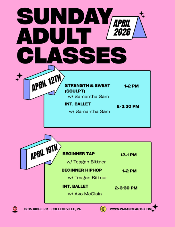 Flyer for Friday adult dance classes in Feb. Classes include ballet, hip hop, tap, musical theater.