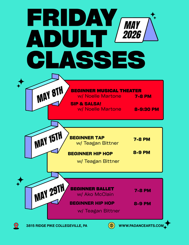 Flyer for Friday adult dance classes in Feb. Classes include ballet, hip hop, tap, musical theater.