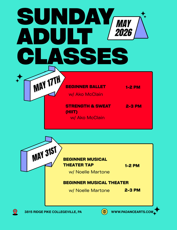 Flyer for Friday adult dance classes in Feb. Classes include ballet, hip hop, tap, musical theater.
