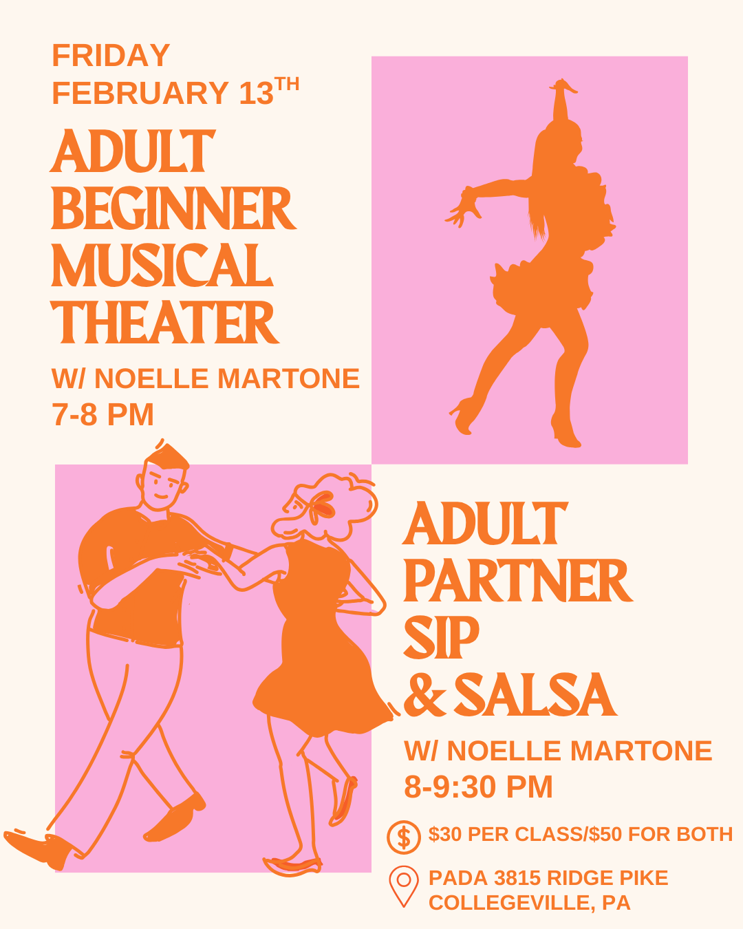 Dance class flyer: Musical theater & salsa classes with instructor Noelle Martone in Collegeville, PA.