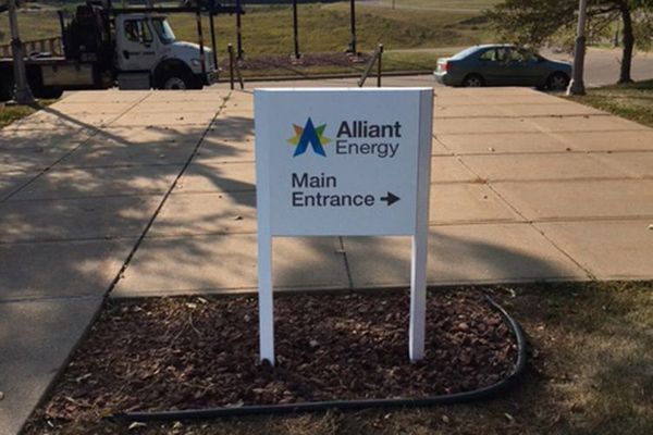 Sign for Alliant Energy, white with logo and 