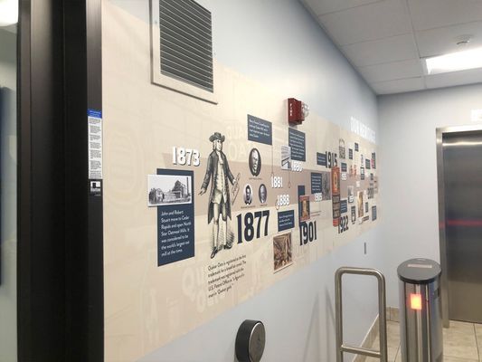 Timeline display on a wall, showcasing dates, illustrations, and text against a light-colored background.