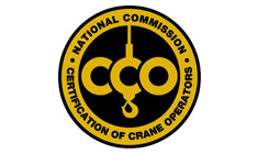 CCO certification logo: Black and gold circular emblem; NATIONAL COMMISSION and CERTIFICATION OF CRANE OPERATORS surround CCO and crane hook.