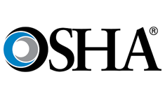OSHA logo: Black text with a circular design in blue, gray, and black.