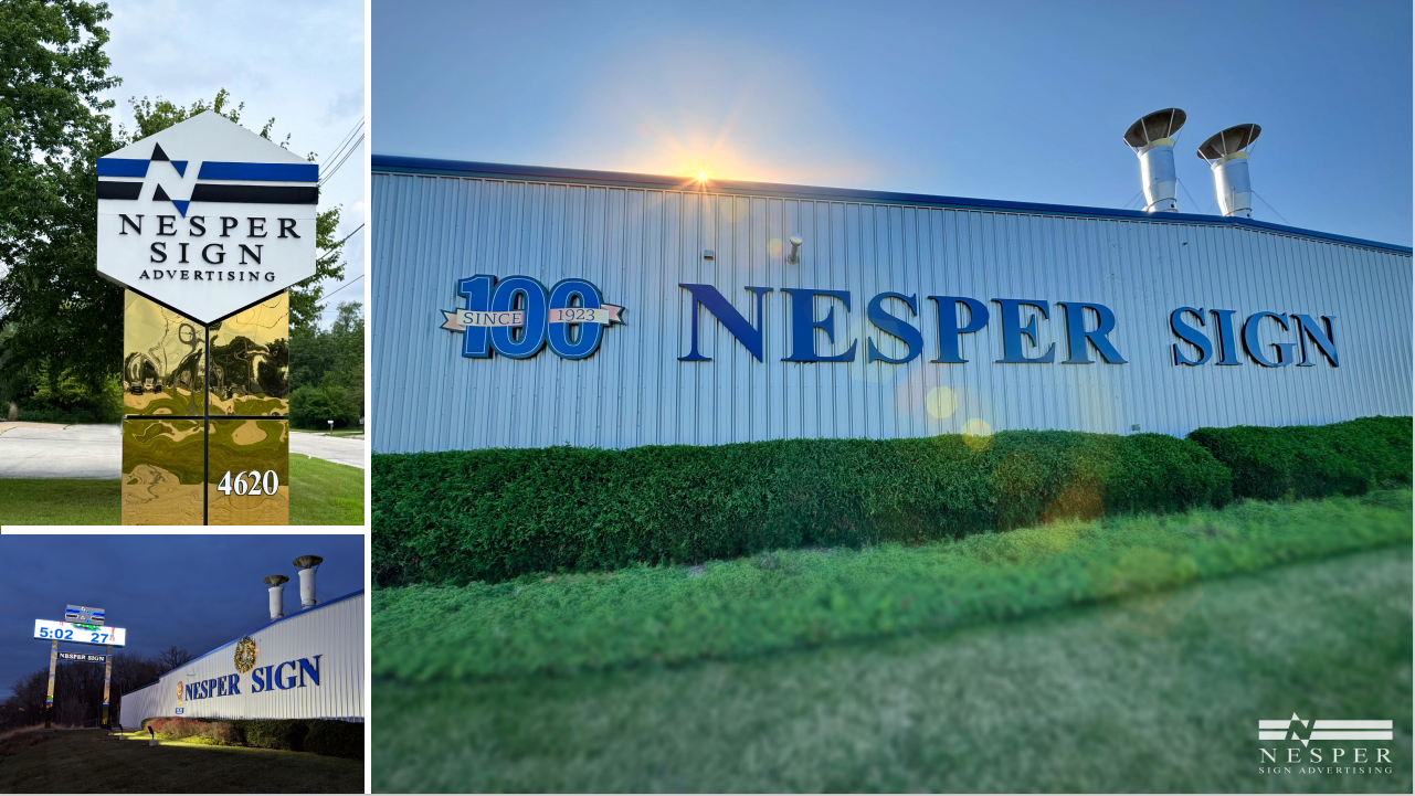 Three views of the Nesper Sign company sign, showing a blue and gold logo on a building and a monument.