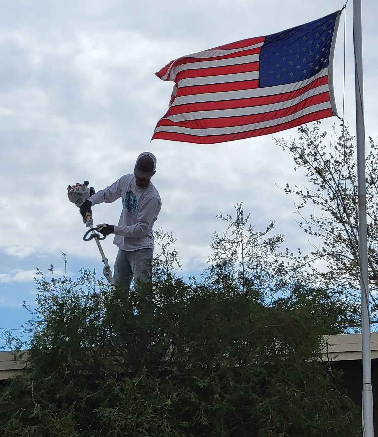 A man standing on top of a bush with an American flag in the background