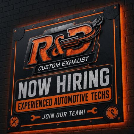 R&P Custom Exhaust “Now Hiring” sign for experienced automotive techs, in orange and black