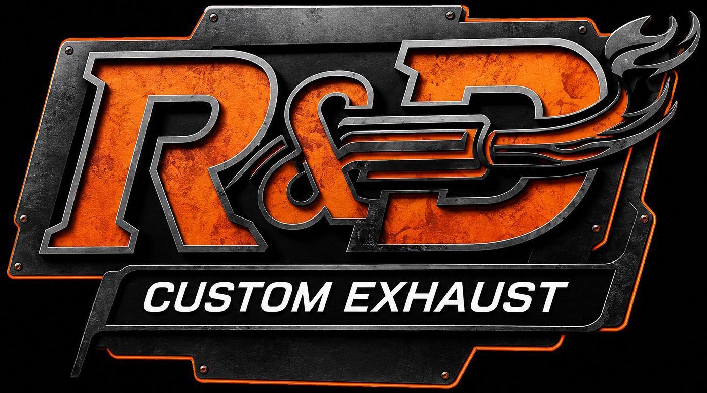 R&D Custom Exhaust logo with yellow and purple lettering and silver wing graphics