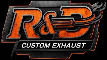 Logo for R&D Custom Exhaust in yellow, purple, orange, and silver with winged accents