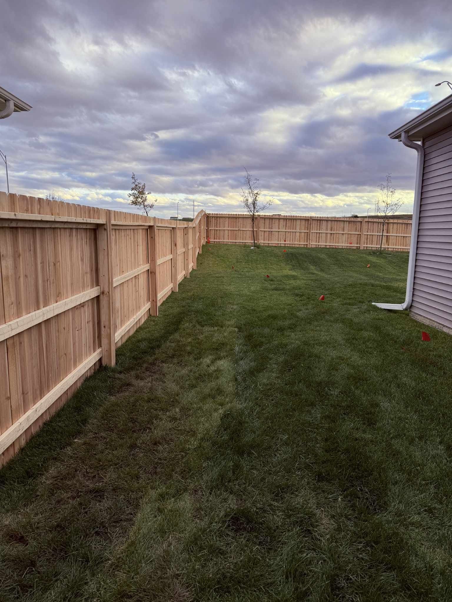 Narrow grassy backyard between a wooden fence and gray house under a cloudy sky.