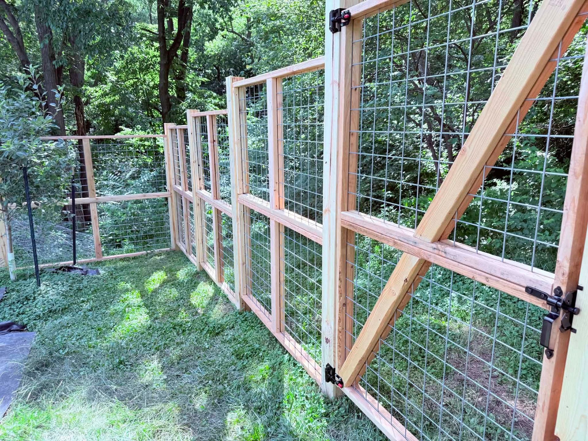 Wooden wire-mesh fence along a grassy wooded path, with a hinged gate in the foreground