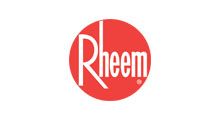 Rheem logo in white text on a red circle background