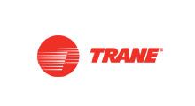 Red Trane logo with a circular striped emblem and italic red wordmark on a white background