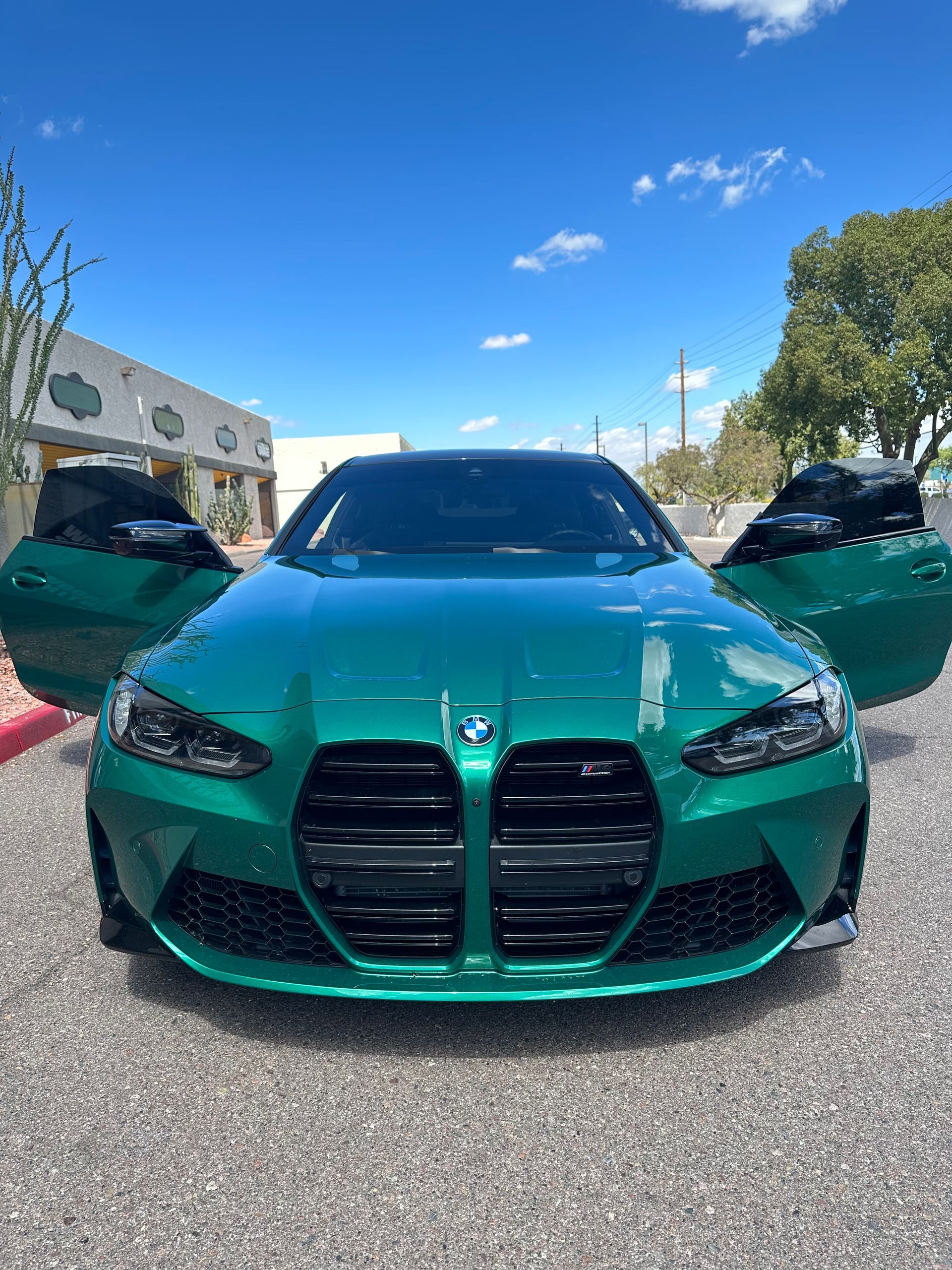 Green BMW car with doors open