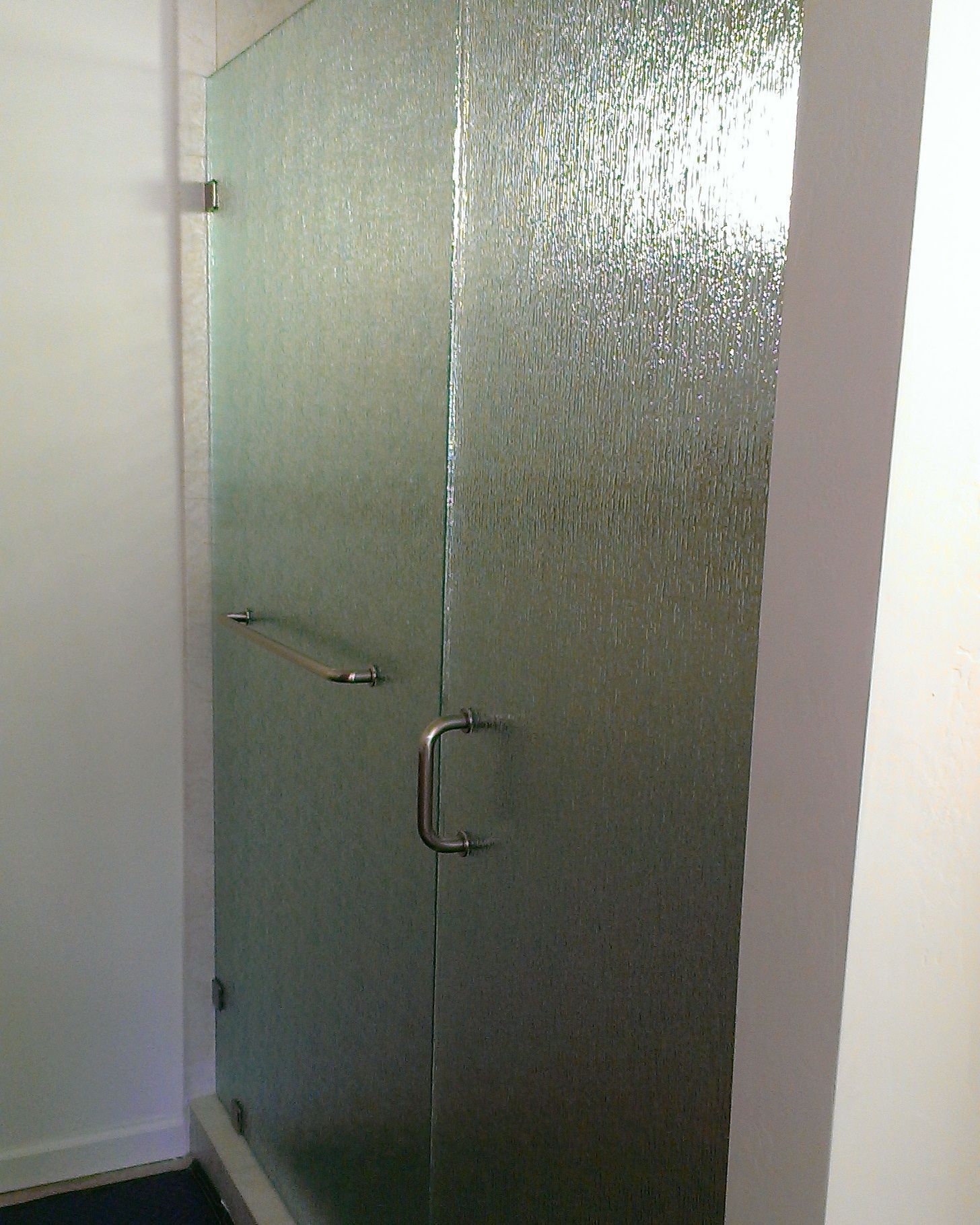 Frosted glass shower door with metal handle in a bathroom
