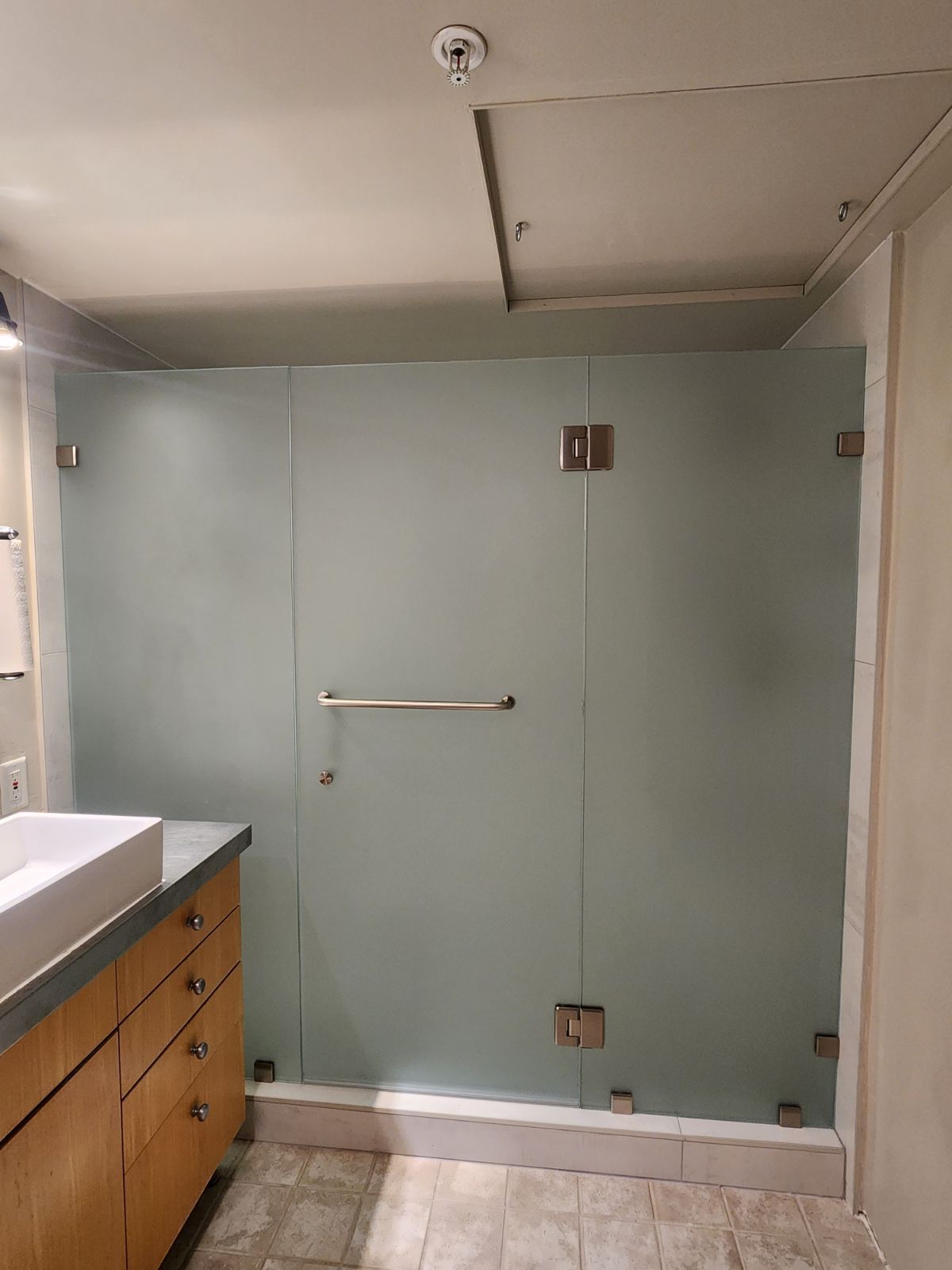 Bathroom shower with frosted glass doors and a towel bar, beside a vanity and sink.