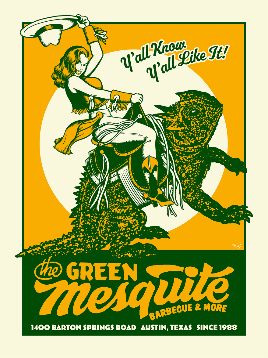 Green and yellow poster: a woman on a lizard, holding a hat.