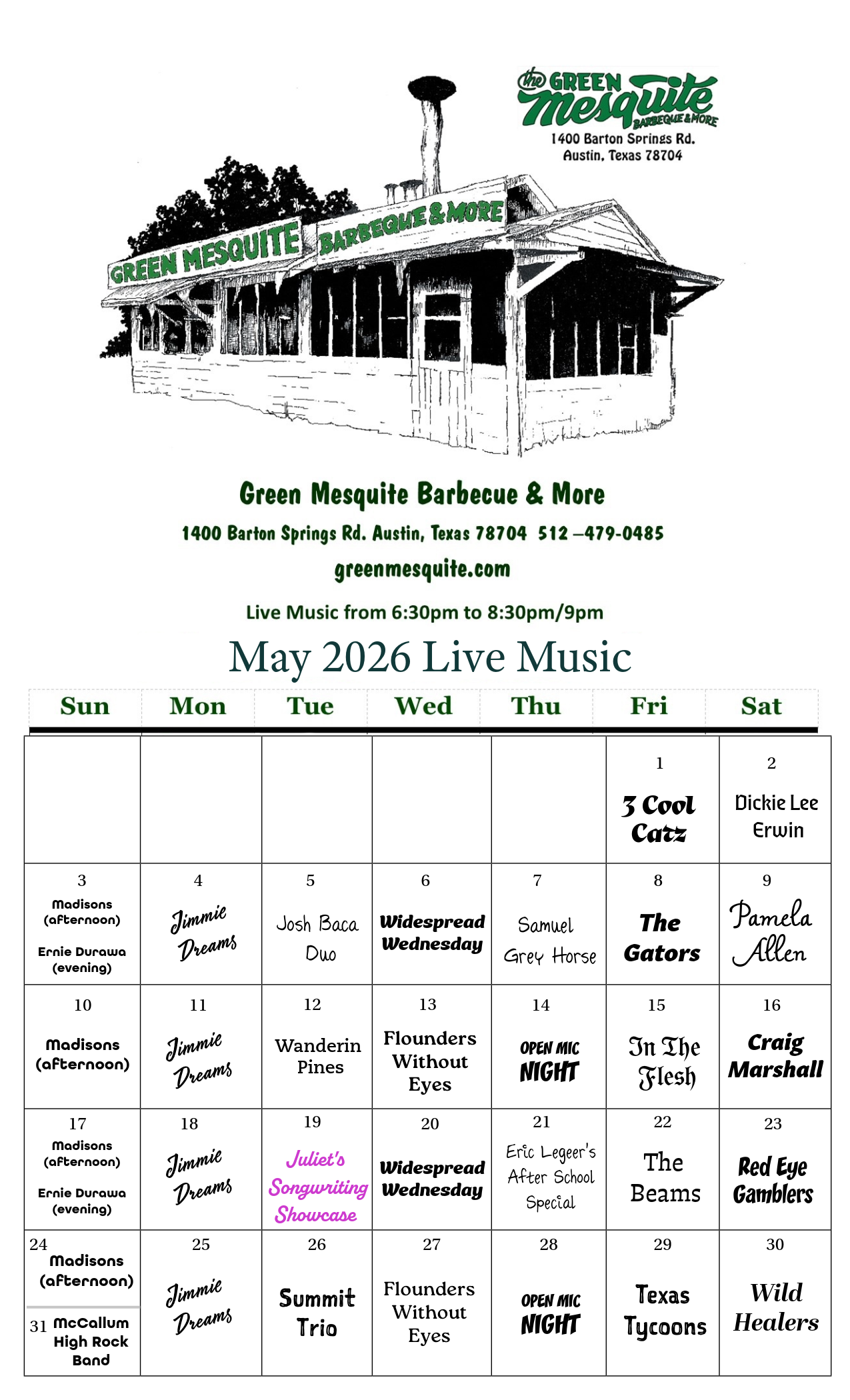Black-and-white event flyer with a church illustration and a May 2026 monthly calendar layout