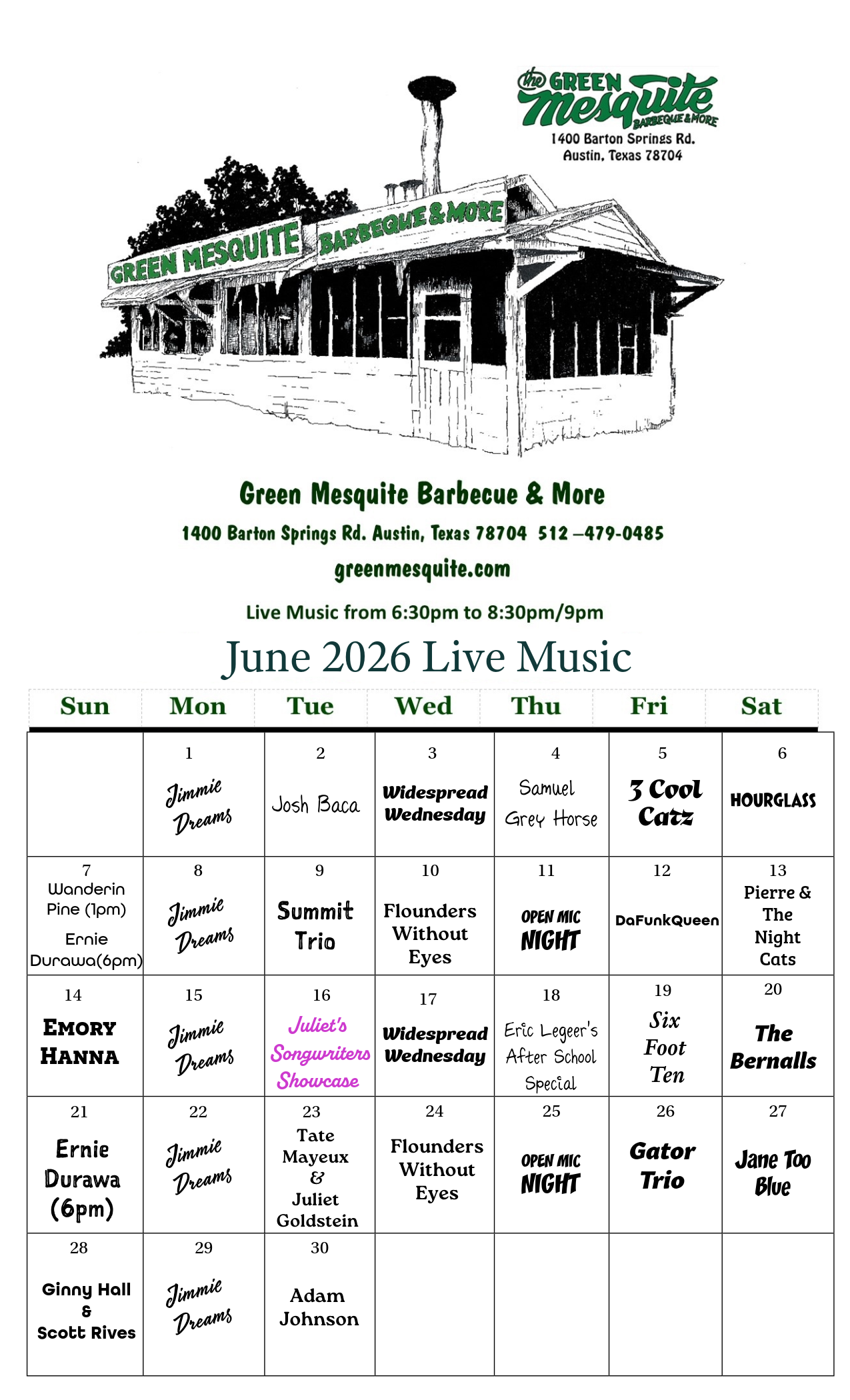 Black-and-white event flyer with a building illustration and a schedule grid below.