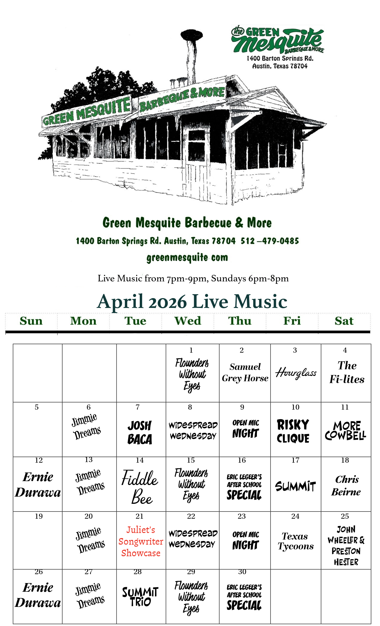 April 2016 live music calendar for Green Mesquite BBQ in Austin, featuring a list of daily performers.