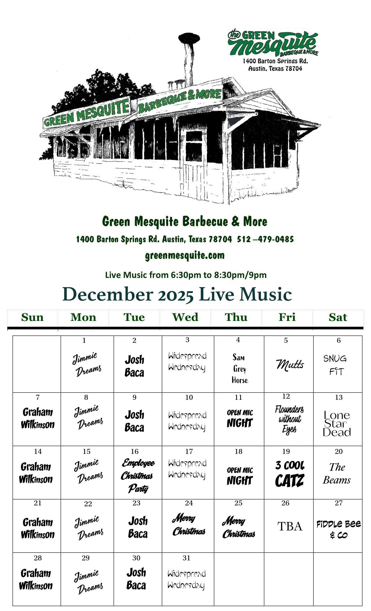 Flyer for Riverfront Restaurant & Bar with a December 2023 live music calendar.