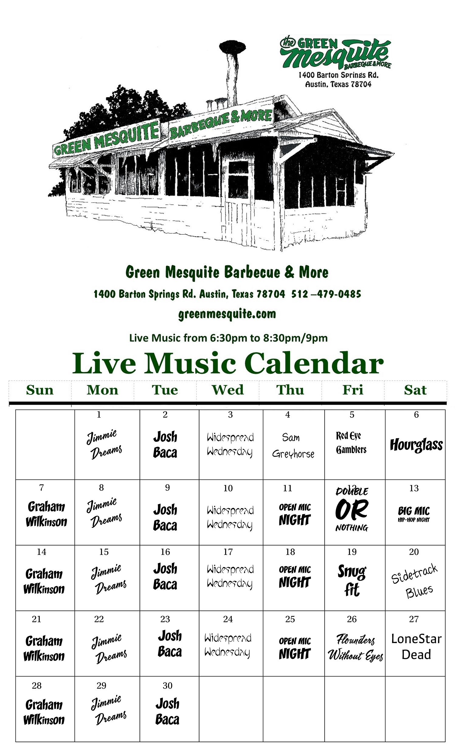 Green Papaya Barbecue & More live music calendar. Includes a building illustration and a weekly calendar.
