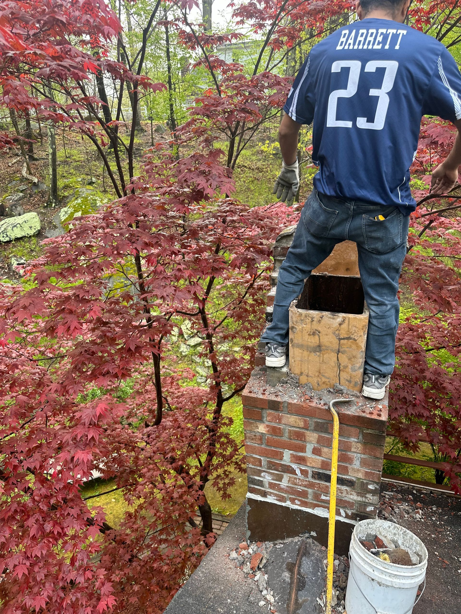 A person wearing a blue number 23 jersey stands on top of a brick chimney surrounded by red Japanese maple trees.