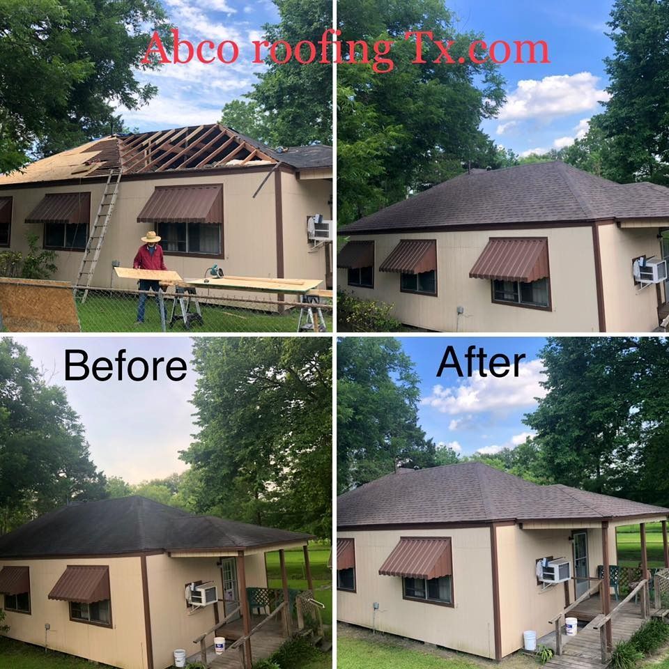 Before-and-after collage of a beige house with a new dark roof; roofing work in progress.