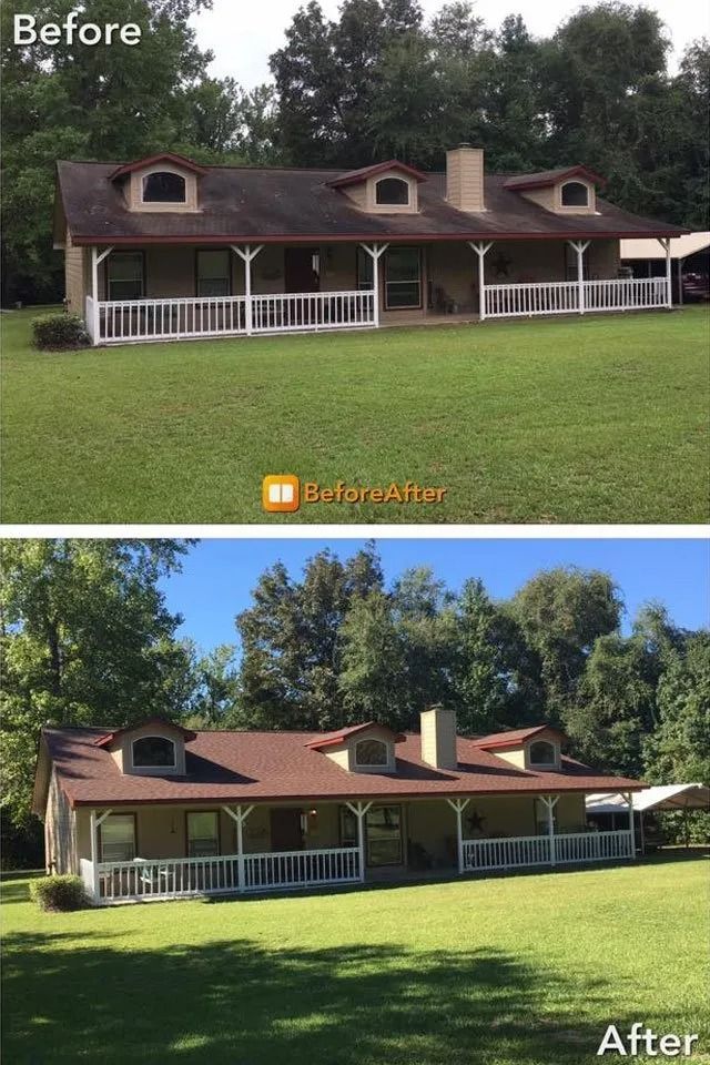 Before-and-after view of a house with a red roof and white porch, showing a brighter yard and sky after landscaping.
