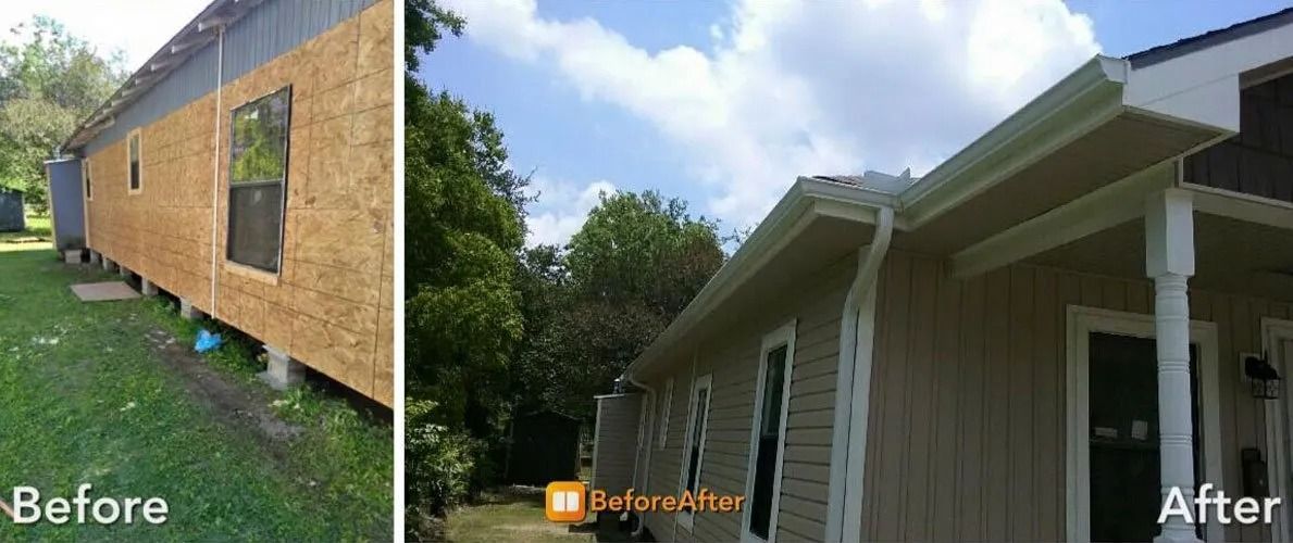 Before-and-after of a house exterior renovation, showing exposed wood siding replaced with finished beige siding and trim.