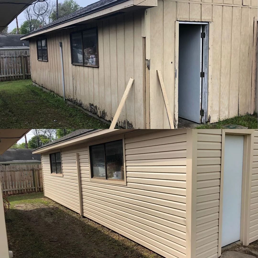 Before-and-after of a small shed exterior: worn beige siding replaced with clean cream vinyl siding.