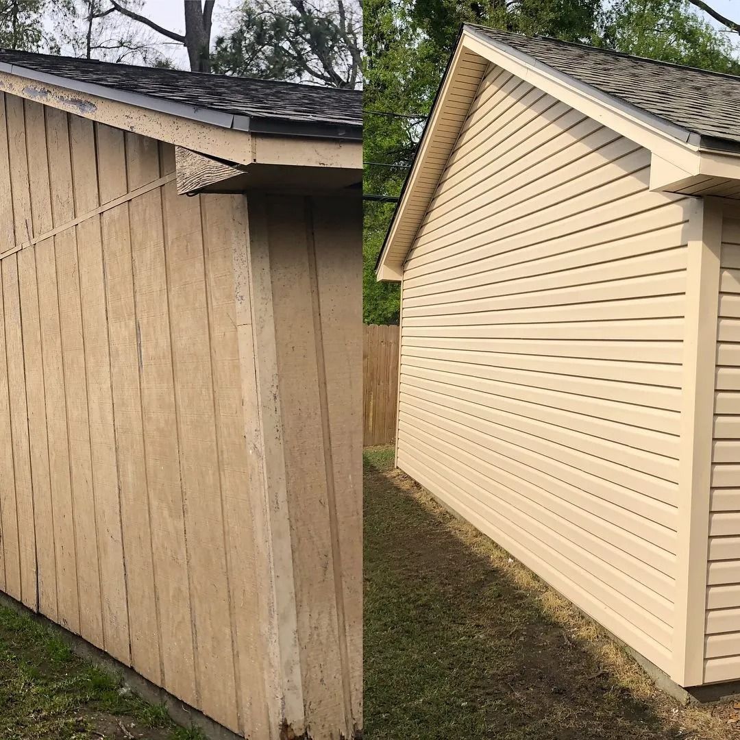 Side-by-side view of a beige shed wall before and after cleaning, with dark stains removed.