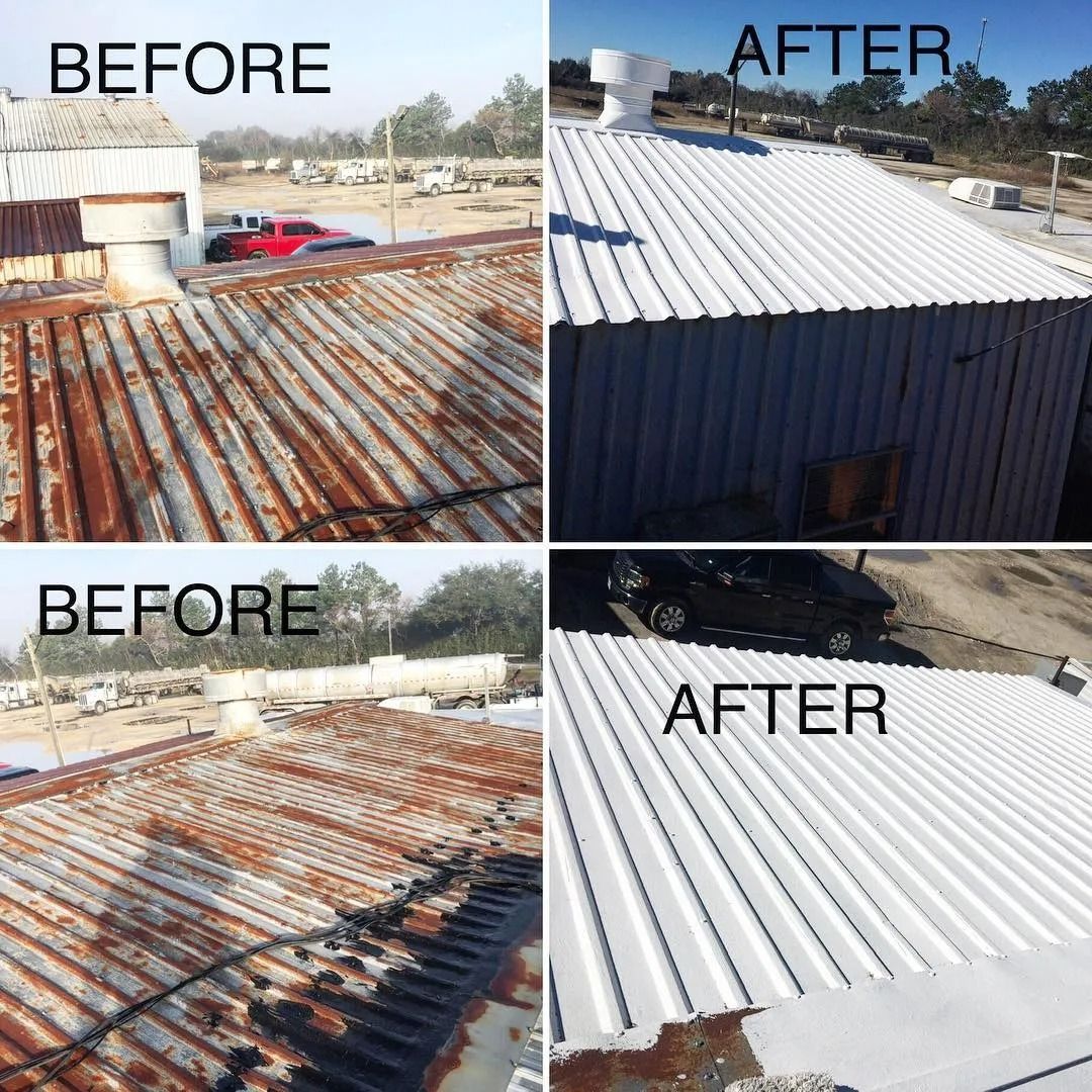 Before-and-after collage of a rusted corrugated metal roof replaced with a clean white roof.