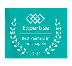Expertise award: Best Painters in Indianapolis, 2021, white text on teal, surrounded by a white laurel wreath.