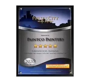Award plaque for Paintco Painters in Greenwood, Indiana, recognizing customer care in 2020.