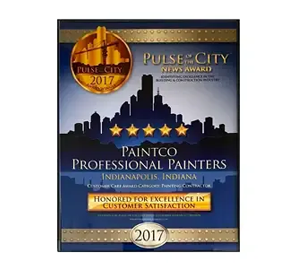 Award for Paintco Professional Painters in Indianapolis, Indiana, honored for customer satisfaction, with a skyline.