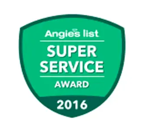 Angie's List Super Service Award badge, green shield shape, white text, 