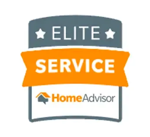 HomeAdvisor Elite Service badge, gray and orange, with stars, and company logo.