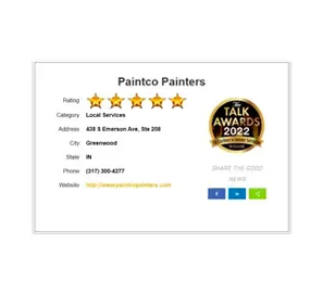 Paintco Painters business card, 5-star rating, address in Greenwood, IN, and Talk Awards 2022 logo.