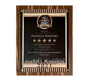 Award plaque for Paintco Painters, The Talk Award 2021 winner, framed in brown wood.