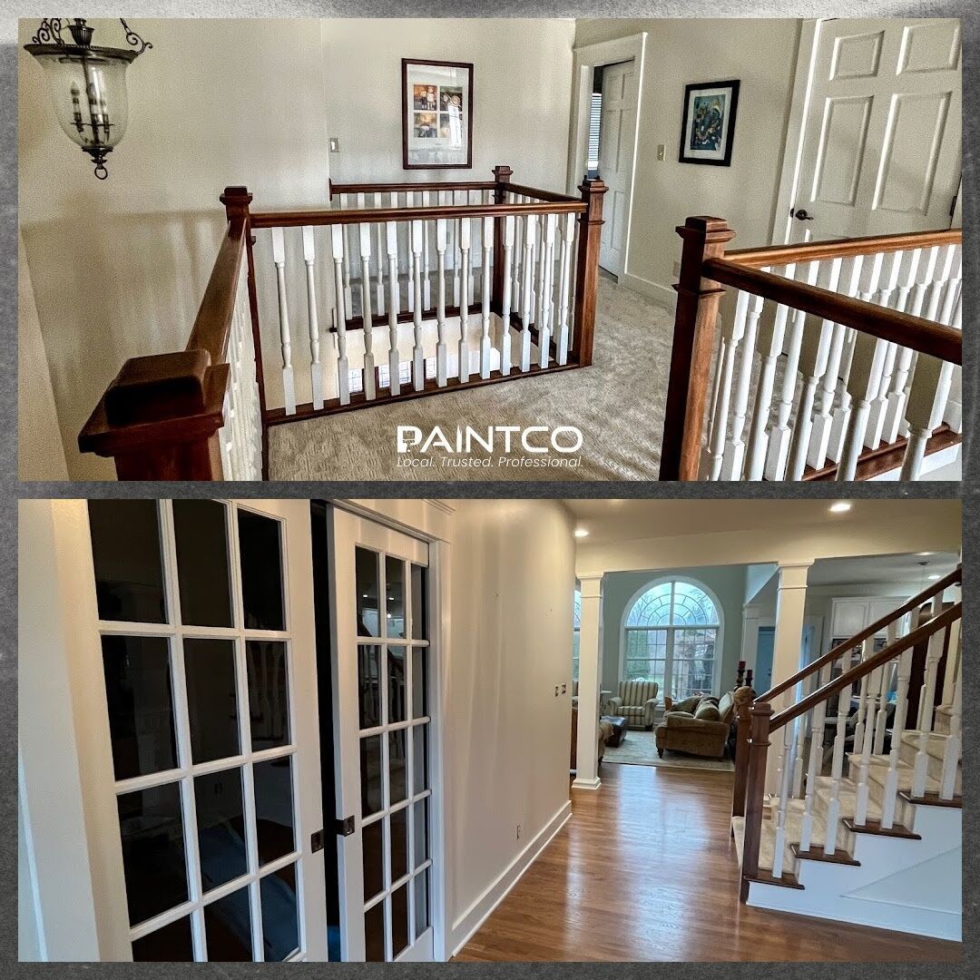 Two photos of a home's interior. Stair railings and door trim painted white, wood details, hallway.