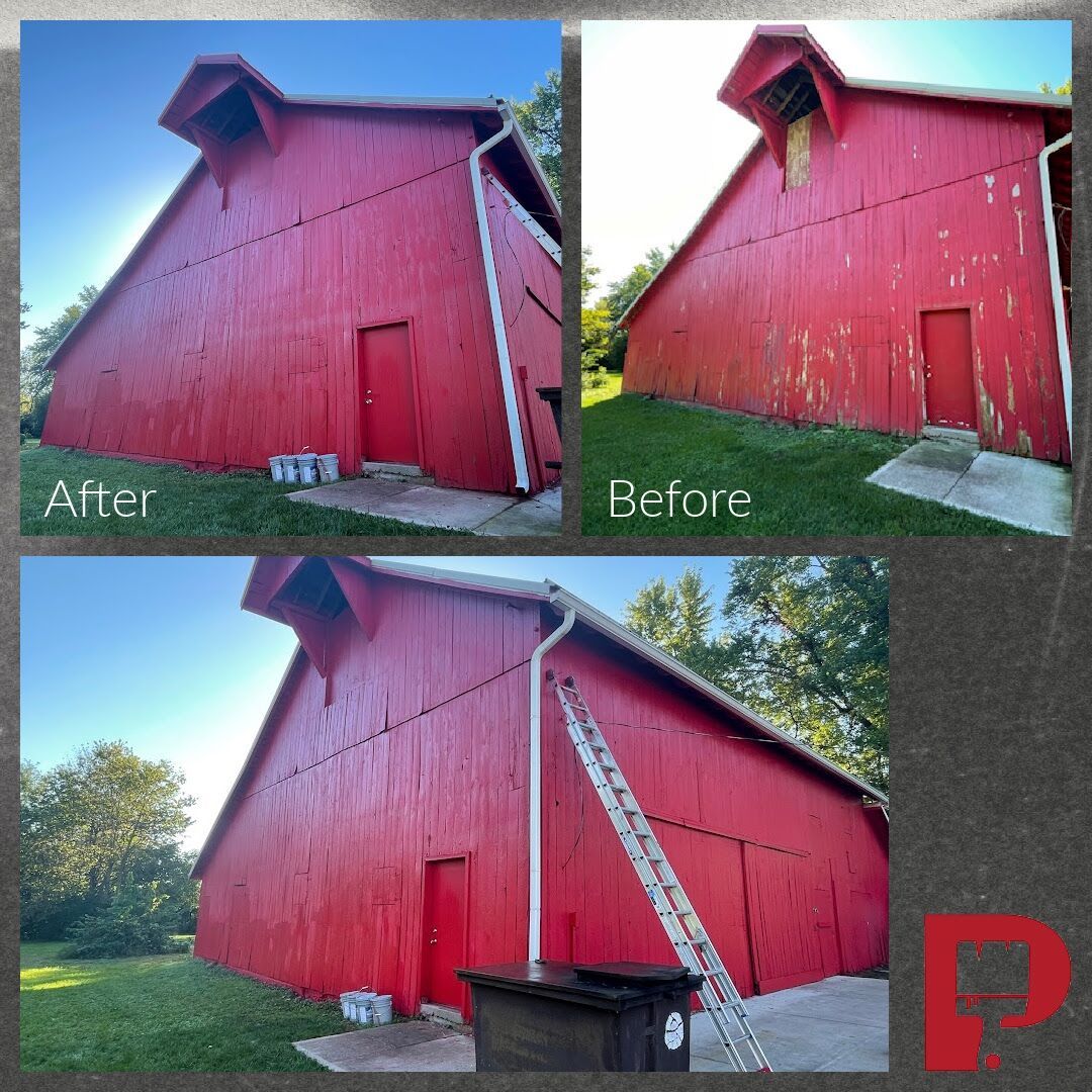 Red barn repainted. Before and after views show old peeling paint, then fresh red. A ladder is present.
