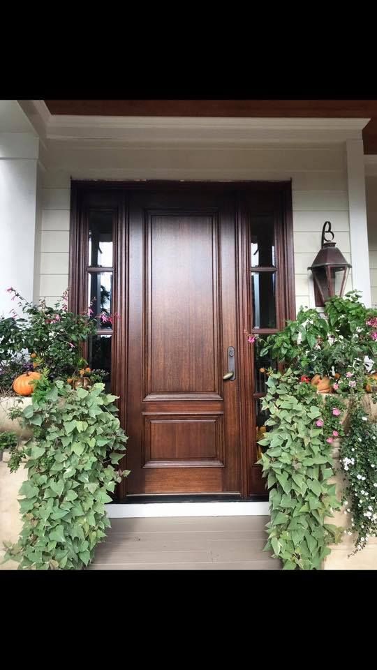 Dark wooden front door with sidelights, flanked by planters with green plants.